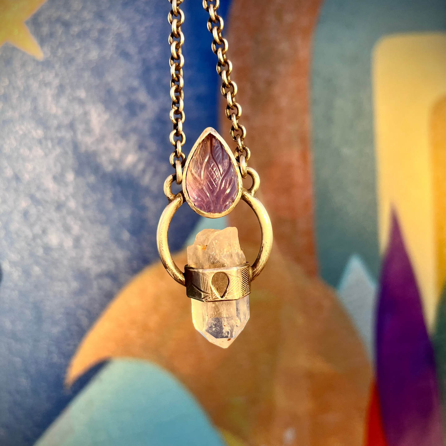 Carved Amethyst and Quartz Talisman