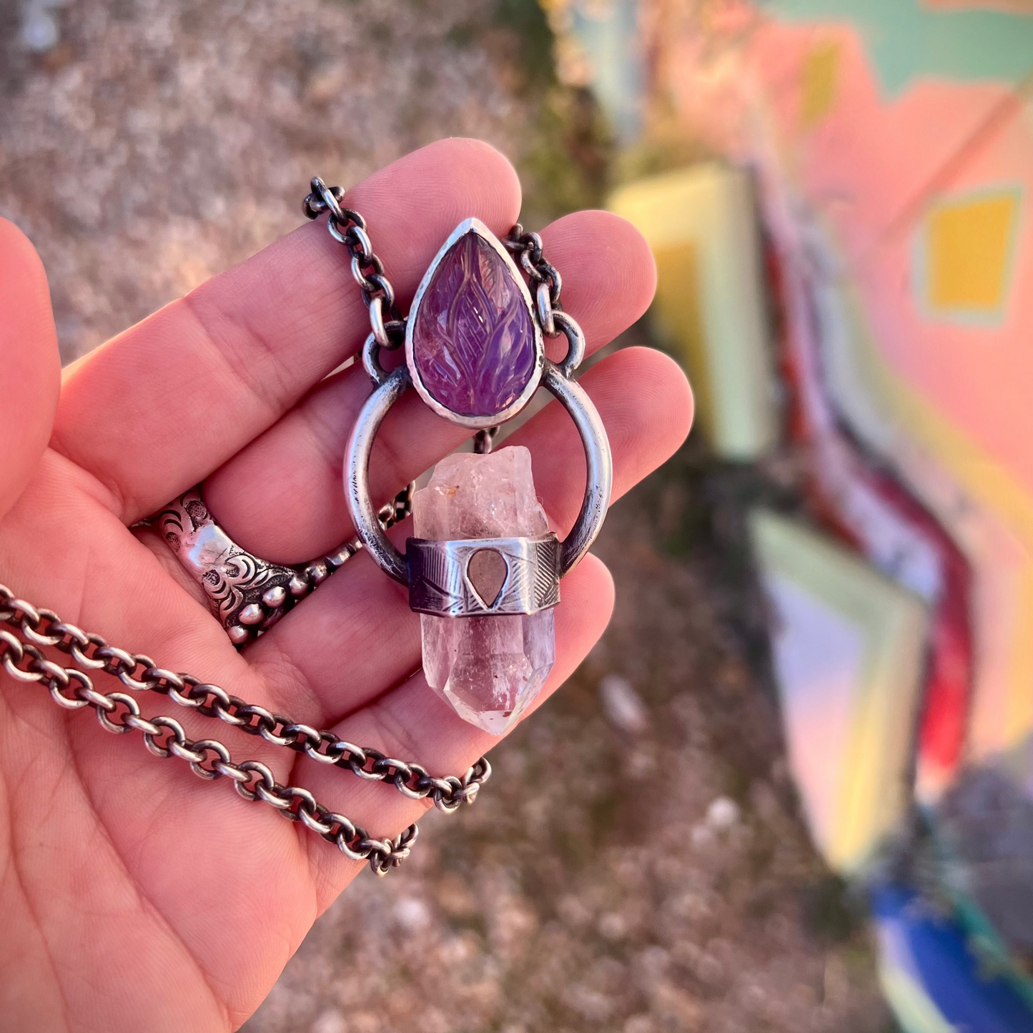 Carved Amethyst and Quartz Talisman