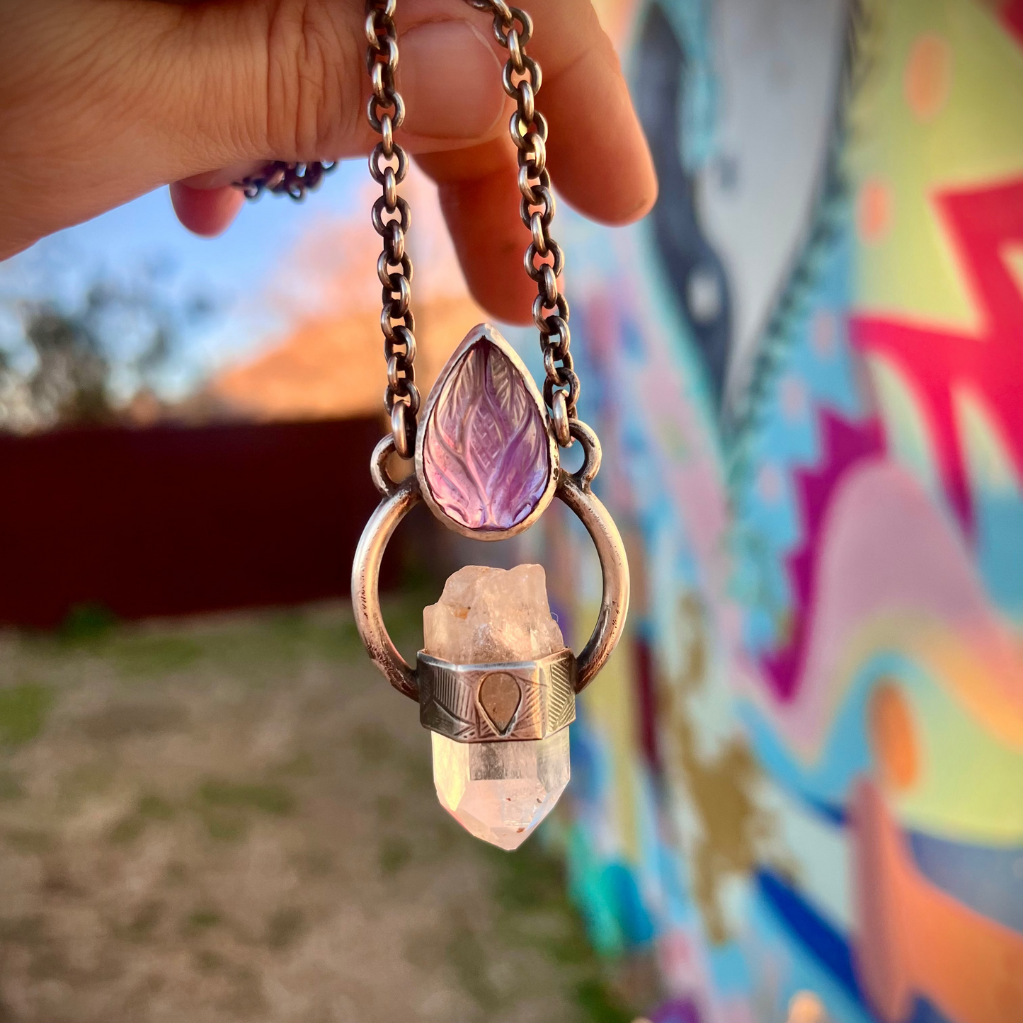 Carved Amethyst and Quartz Talisman