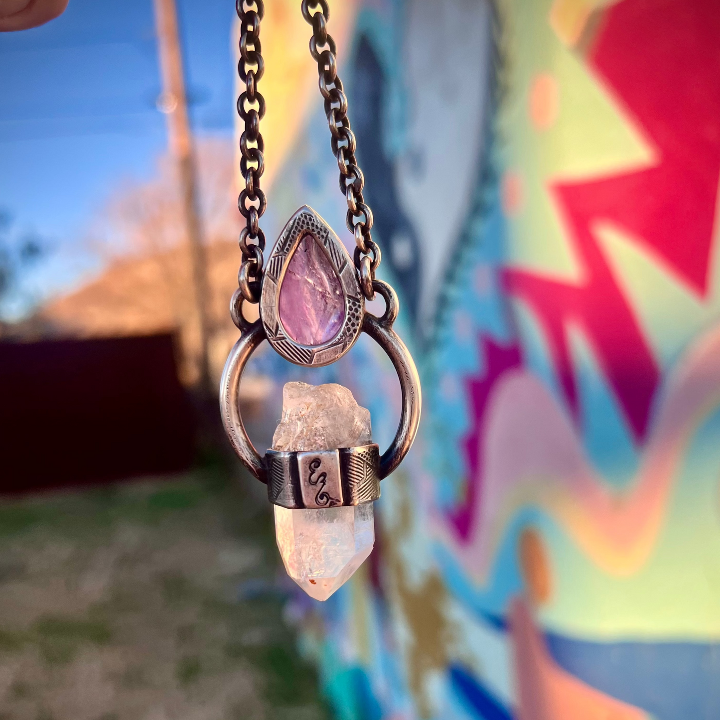 Carved Amethyst and Quartz Talisman